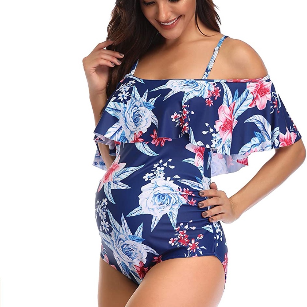 Off Shoulder Flounced Ruffled Maternity Swimsuit